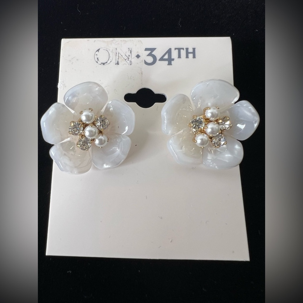 Brand New-On 34th Gold-Tone Pavé & Imitation Pearl Mother-of-Pearl Earrings